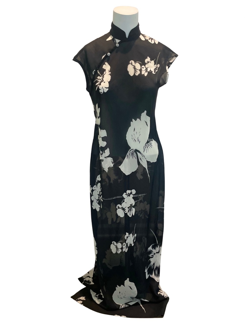 Jessica Howard Black and White Floral Mandarin Collar Sheer Maxi Dress